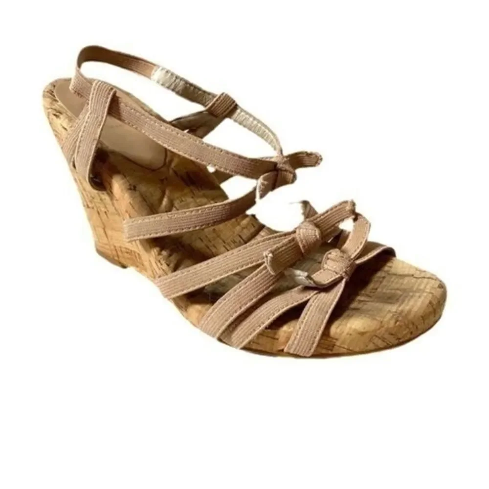 Johnston & Murphy Tan Canvas Cork Wedge Sandals Women’s Size 7.5M Slingback Heel